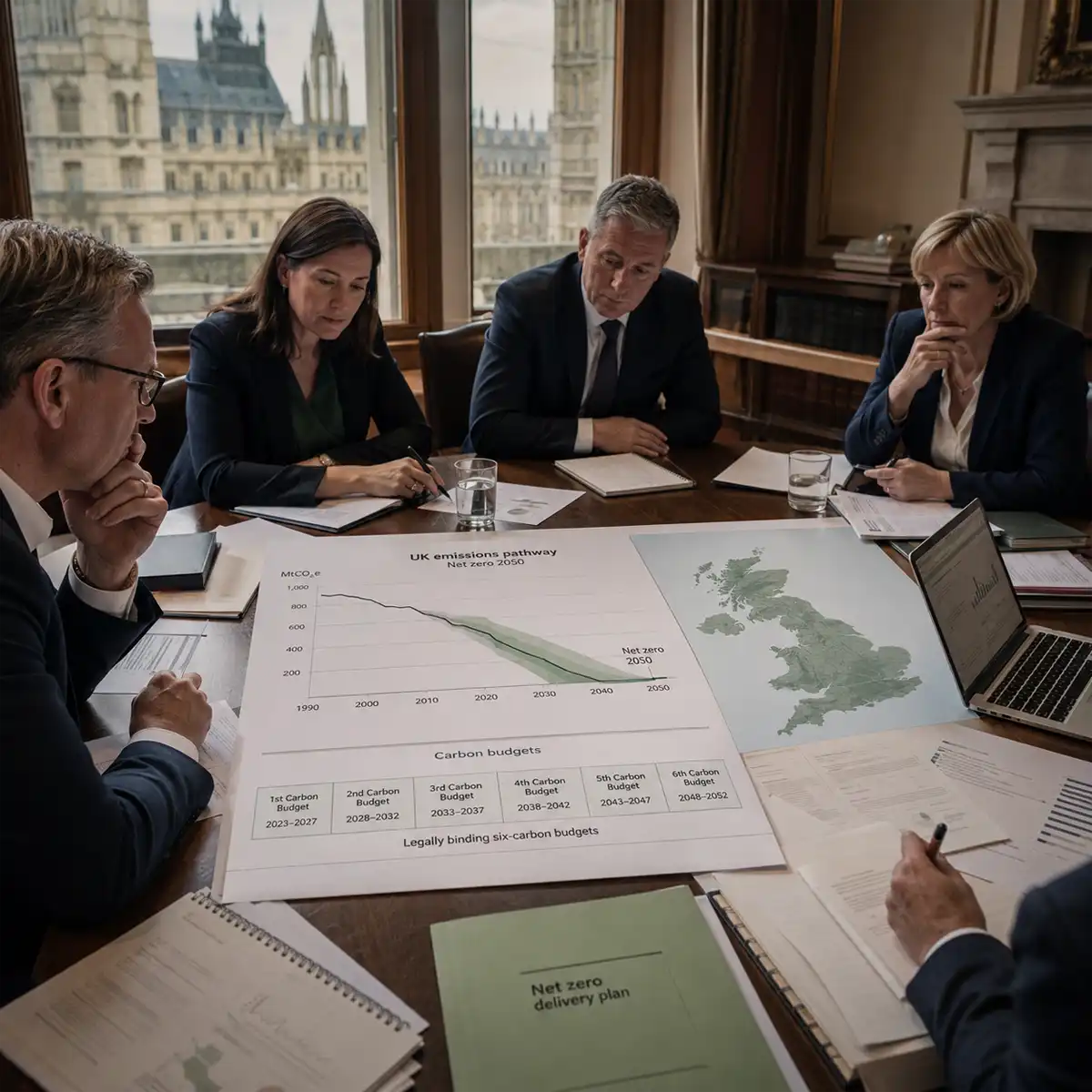 UK Net Zero Strategy Framework Overview Infographic summarising the UK net zero strategy framework including carbon budgets, the 2025 Delivery Plan, and the 2050 emissions reduction target