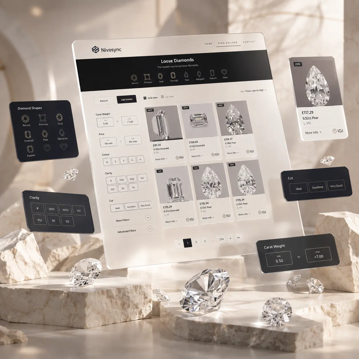 Certified loose diamond listings with shape, clarity and carat weight filter cards