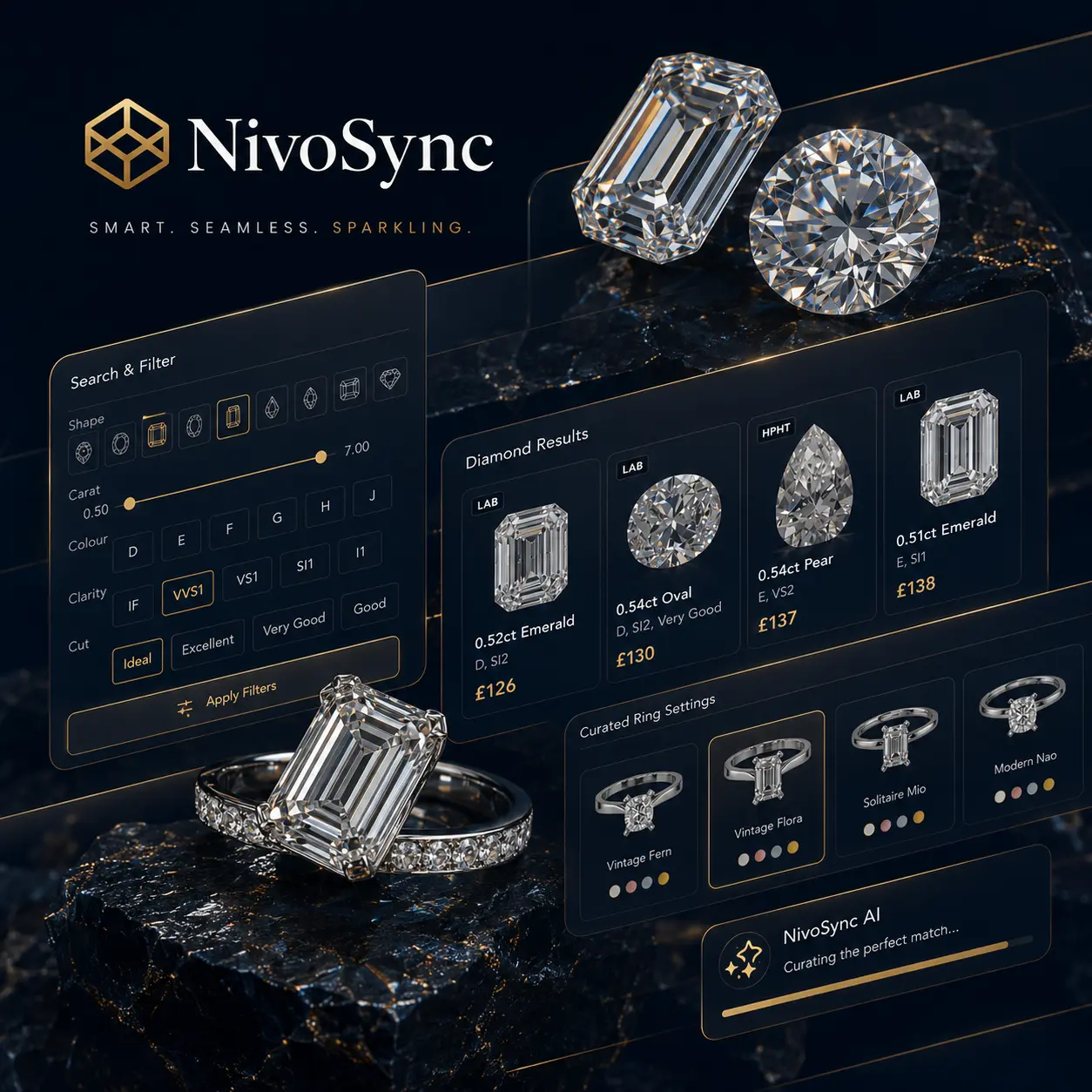 Diamond search, filtering and curated ring settings on a live retail platform